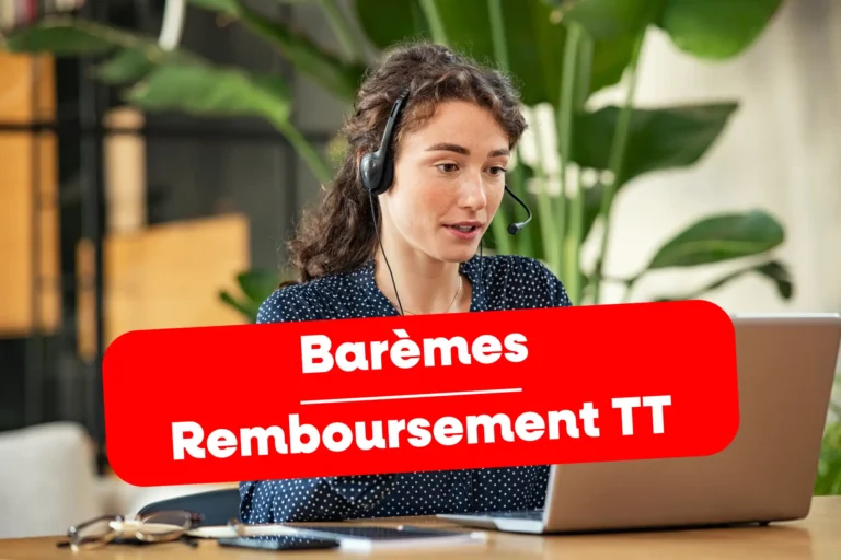 Femme en télétravail avec casque audio, texte « Barèmes Remboursement TT ».