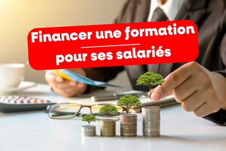 Homme empilant pièces avec arbres, texte « Financer une formation pour ses salariés ».