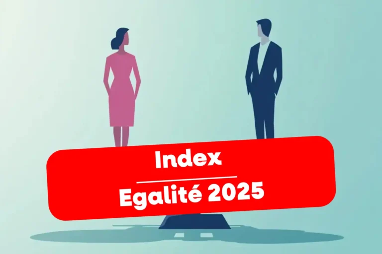 Illustration homme et femme sur balance, texte « Index Égalité 2025 ».