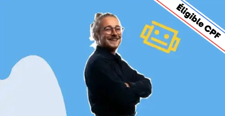 Un homme souriant, portant des lunettes et vêtu d'une chemise noire, pose les bras croisés sur un fond bleu dynamique avec des éléments graphiques modernes, dont une icône de robot jaune symbolisant la modélisation et l’intelligence numérique. Un bandeau en haut à droite indique 'Éligible CPF'. Cette image illustre une formation Blender, idéale pour apprendre à créer des modèles 3D, animer des scènes et concevoir des visuels immersifs et professionnels.