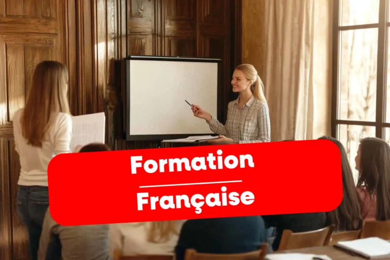 Formatrice enseignant devant un tableau blanc, texte « Formation Française ».