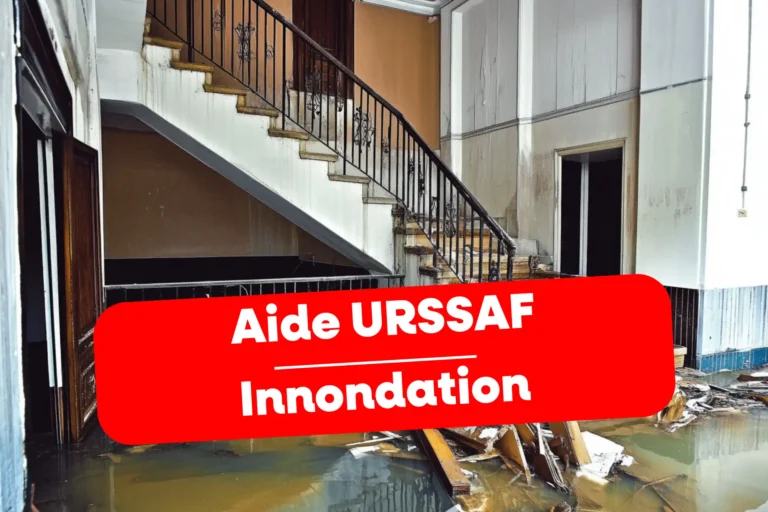 Intérieur sinistré après une inondation, texte « Aide URSSAF Inondation ».