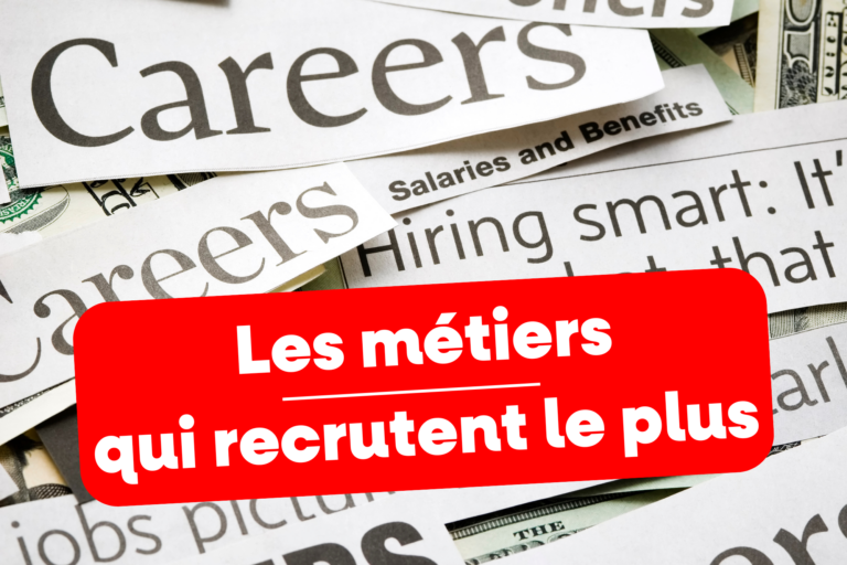 Image de coupures de journaux portant sur les carrières, les salaires et les offres d’emploi, avec en surimpression un encart rouge indiquant 'Les métiers qui recrutent le plus', illustrant les tendances du marché du travail et les opportunités professionnelles en 2025."