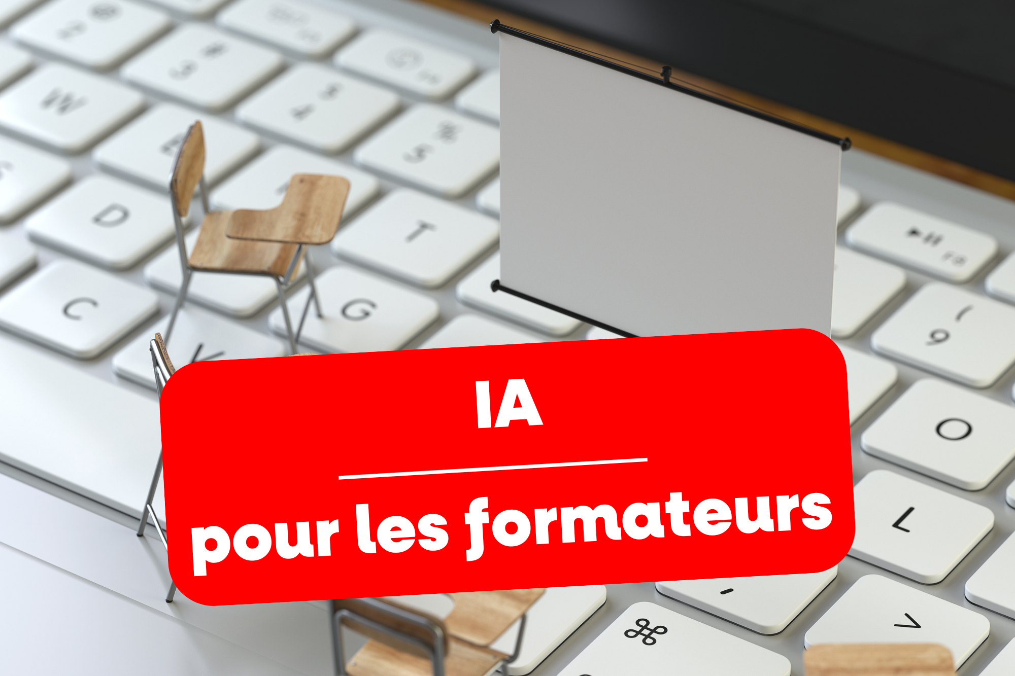 Image représentant l'intelligence artificielle (IA) pour les formateurs, symbolisée par un clavier d'ordinateur avec des éléments de formation, tels qu'un tableau et des chaises, illustrant l'intégration de l'IA dans l'éducation et la pédagogie.