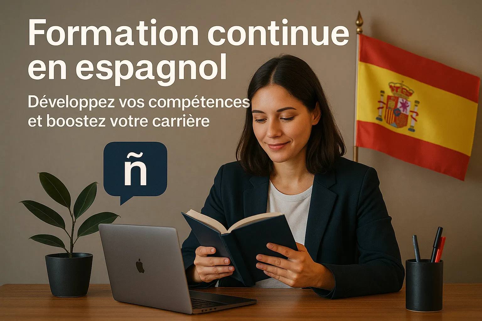 Femme en formation continue espagnol avec drapeau espagnol et livre sur un bureau
