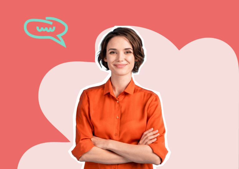Jeune femme souriante sur fond rouge avec icône de dialogue.