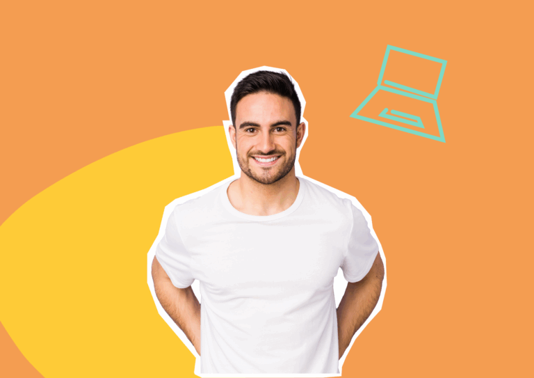 Jeune homme enthousiaste sur fond orange avec icône de technologie.
