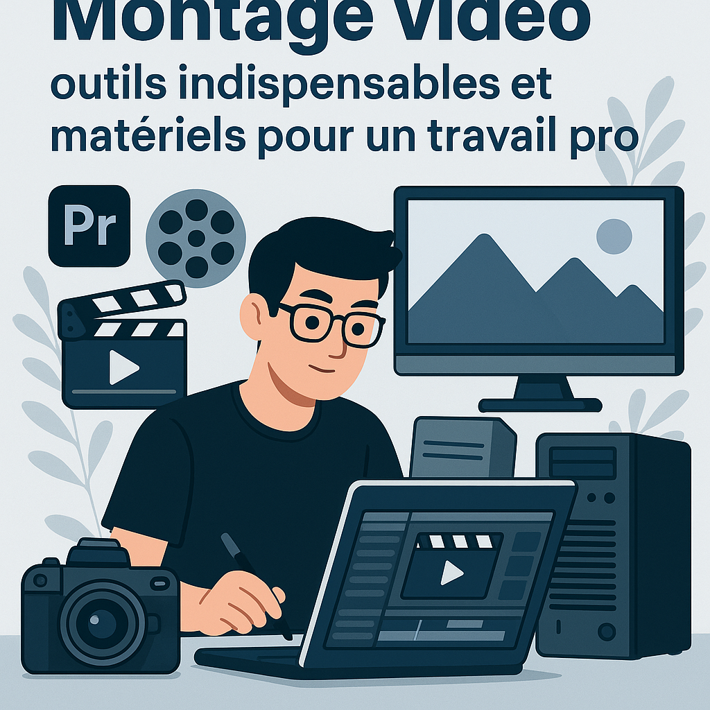 Illustration en flat design montrant un professionnel du montage vidéo travaillant sur un ordinateur portable avec des outils essentiels comme Adobe Premiere Pro, une caméra numérique, un écran de montage et des accessoires techniques. Idéal pour illustrer un article sur les logiciels de montage vidéo, le matériel indispensable et les équipements professionnels pour créer des vidéos de qualité.