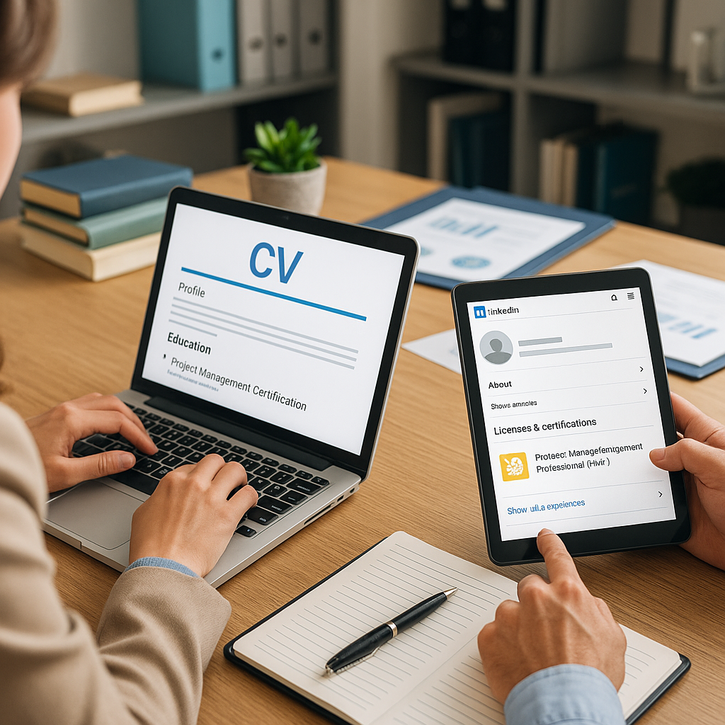 Deux professionnels mettent à jour leur CV et leur profil LinkedIn pour valoriser leurs formations qualifiantes et leur parcours de formation. Sur un bureau moderne, un ordinateur affiche une certification professionnelle tandis qu’une tablette montre une section "Licences et certifications". Illustration de la valorisation des compétences et de la formation continue pour l’insertion professionnelle.