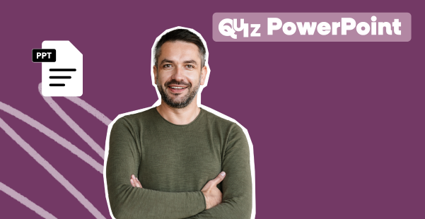 Homme souriant en pull vert sur fond violet, accompagné d'une icône PowerPoint – testez vos connaissances en création de présentations PowerPoint.