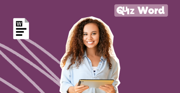 Jeune femme tenant une tablette, souriante, sur fond violet avec une icône Word – mesurez votre maîtrise de Microsoft Word avec ce quiz rapide.