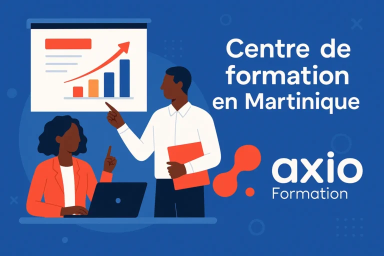 Illustration d'un centre de formation en Martinique avec deux professionnels en situation d'apprentissage et le logo Axio Formation