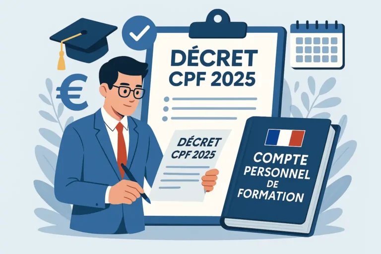 Illustration du décret CPF 2025 avec un homme lisant un document officiel, un livre intitulé Compte Personnel de Formation, et des icônes de formation, euro et calendrier