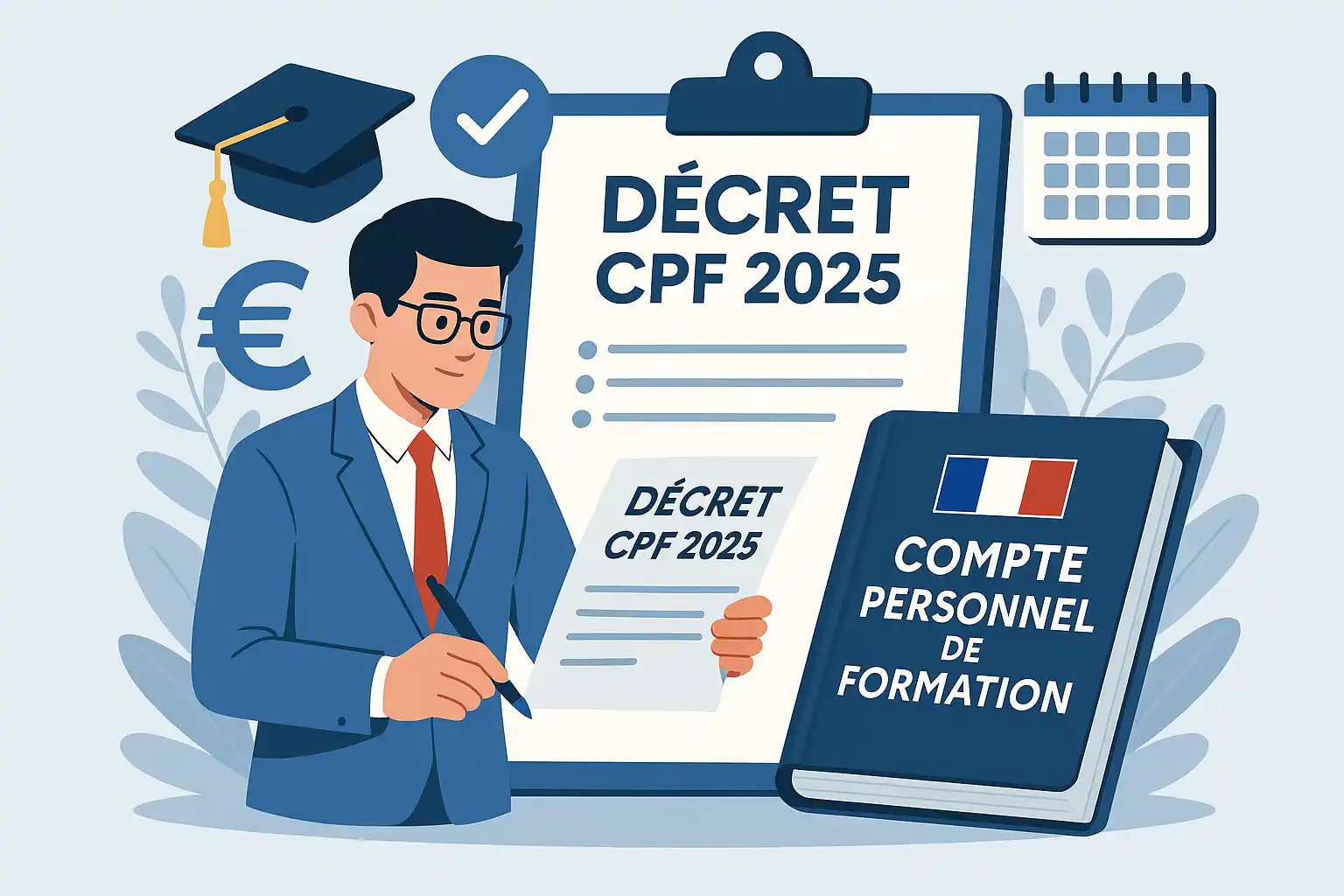 Illustration du décret CPF 2025 avec un homme lisant un document officiel, un livre intitulé Compte Personnel de Formation, et des icônes de formation, euro et calendrier
