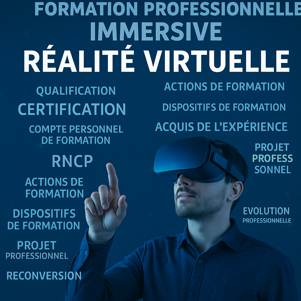 alt="Stagiaire adulte en formation professionnelle immersive utilisant un casque de réalité virtuelle, entouré de mots-clés liés à la certification, au RNCP, au CPF, aux dispositifs de formation, à la reconversion, à la validation des acquis de l’expérience, à l’évolution professionnelle et à la qualification professionnelle.