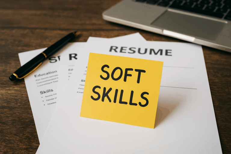 CV avec une note mettant en avant les soft skills sur un bureau de recrutement.