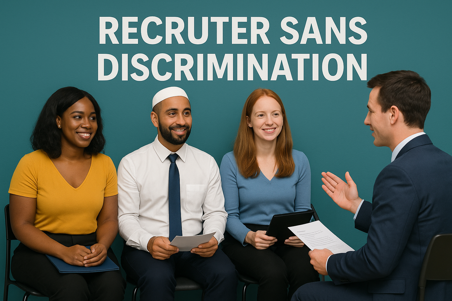 Illustration d’un entretien d’embauche sans discrimination avec un recruteur et des candidats de différentes origines