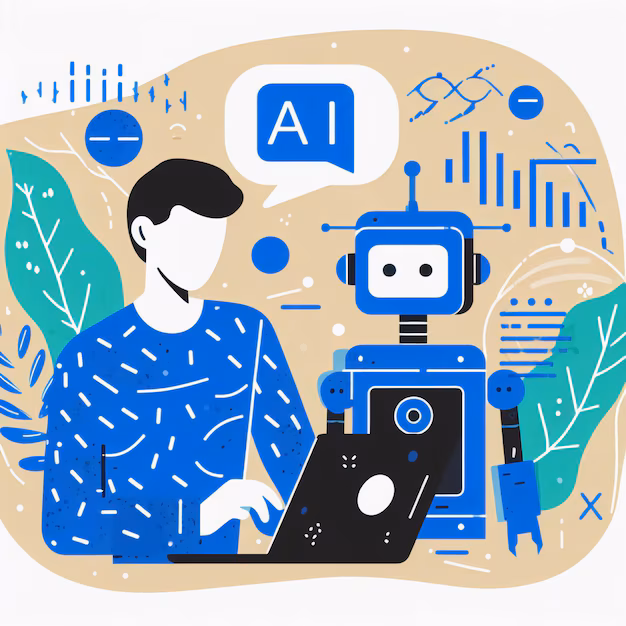 Illustration d’un professionnel en formation en train d’interagir avec une intelligence artificielle, représentant le métier de Prompt Engineer. Idéal pour illustrer une formation professionnelle en IA, une reconversion, ou un parcours de professionnalisation axé sur le traitement du langage et les compétences numériques.