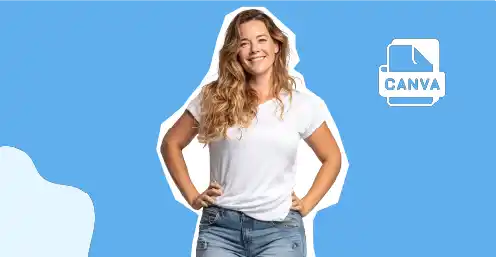 Femme souriante illustrant une formation Canva sur fond bleu avec icône graphique.